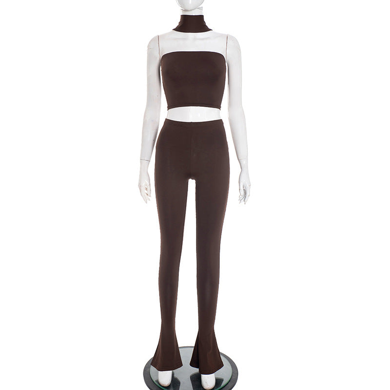 MB10148 Women's Choker Neck Crop Top & High Waist Flared Leggings 2 Piece Set