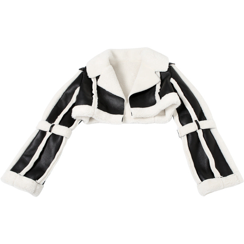 MB1133 PU Leather Shearling Collar Cropped Jacket
