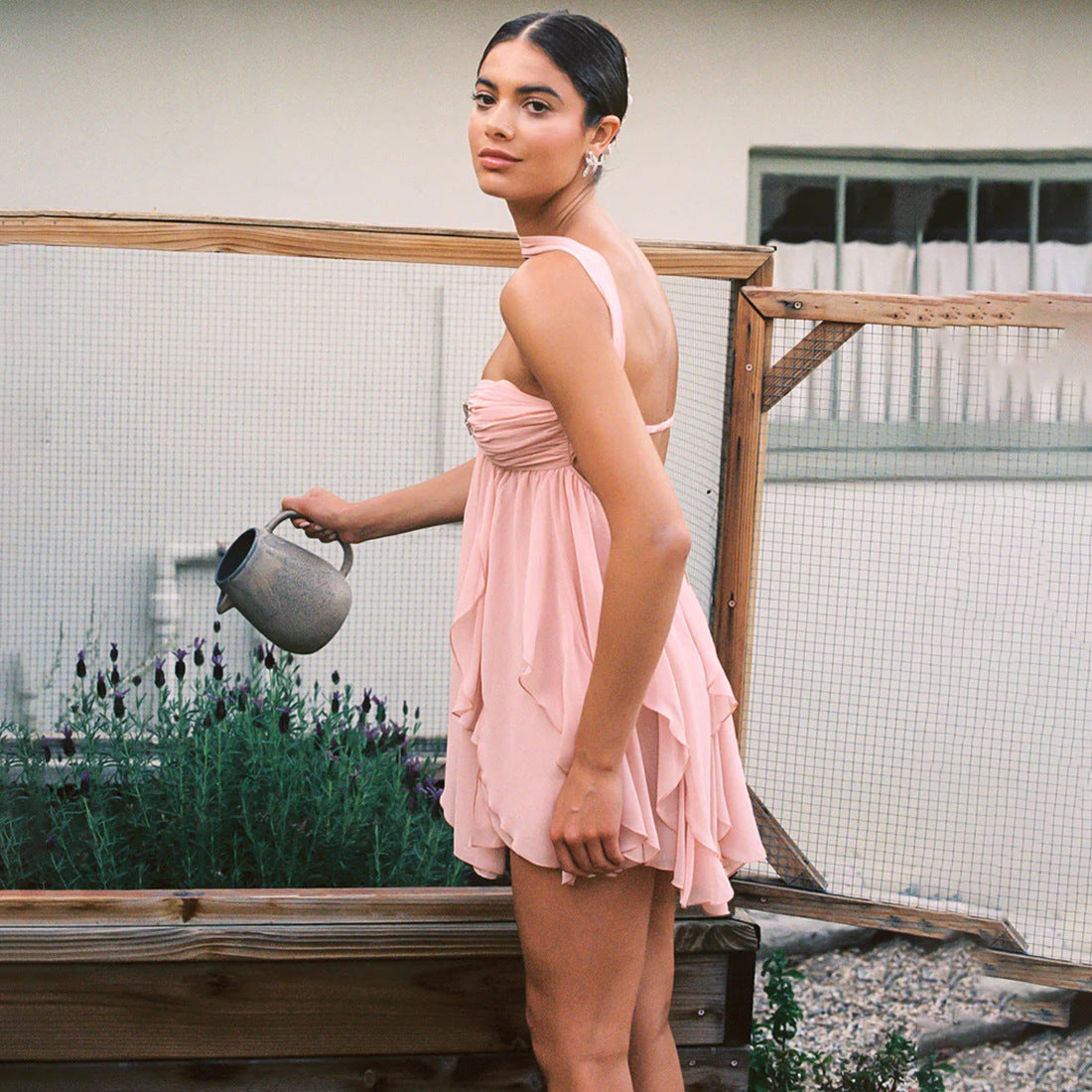 MB1113 Sexy Halter Backless Mini Dress with Ruffled Hem