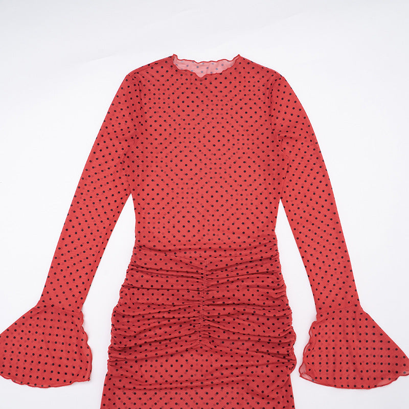 MB1417 Red Polka Dot Flared Sleeve Maxi Dress for Women