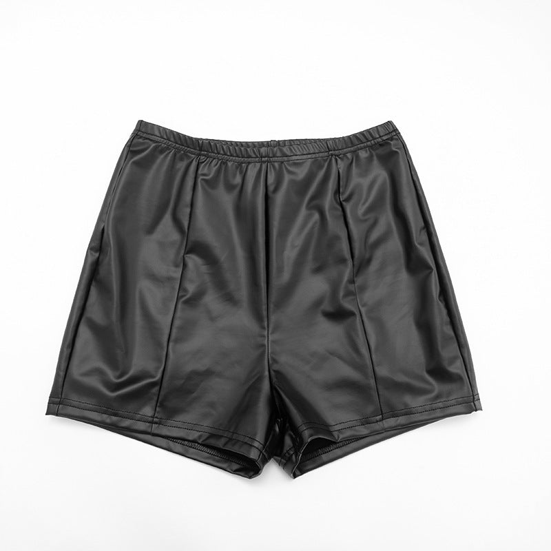 MB10122 Faux Leather Long Sleeve Split Top & High Waist Shorts