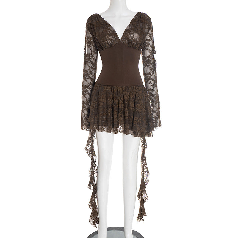 MB1415 Brown Lace Long Sleeve Mini Dress for Women