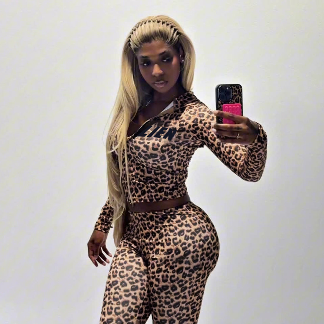 MB1830 Women's Leopard Print Zip Up Hoodie & Flared Pants 2 Piece Set