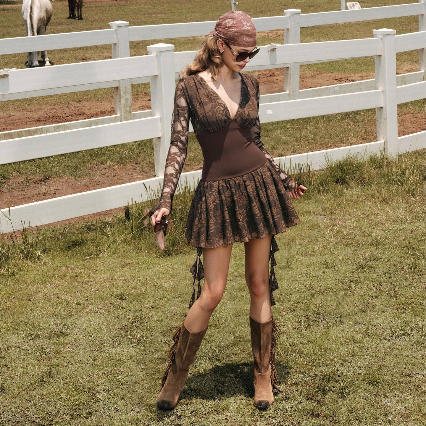 MB1415 Brown Lace Long Sleeve Mini Dress for Women