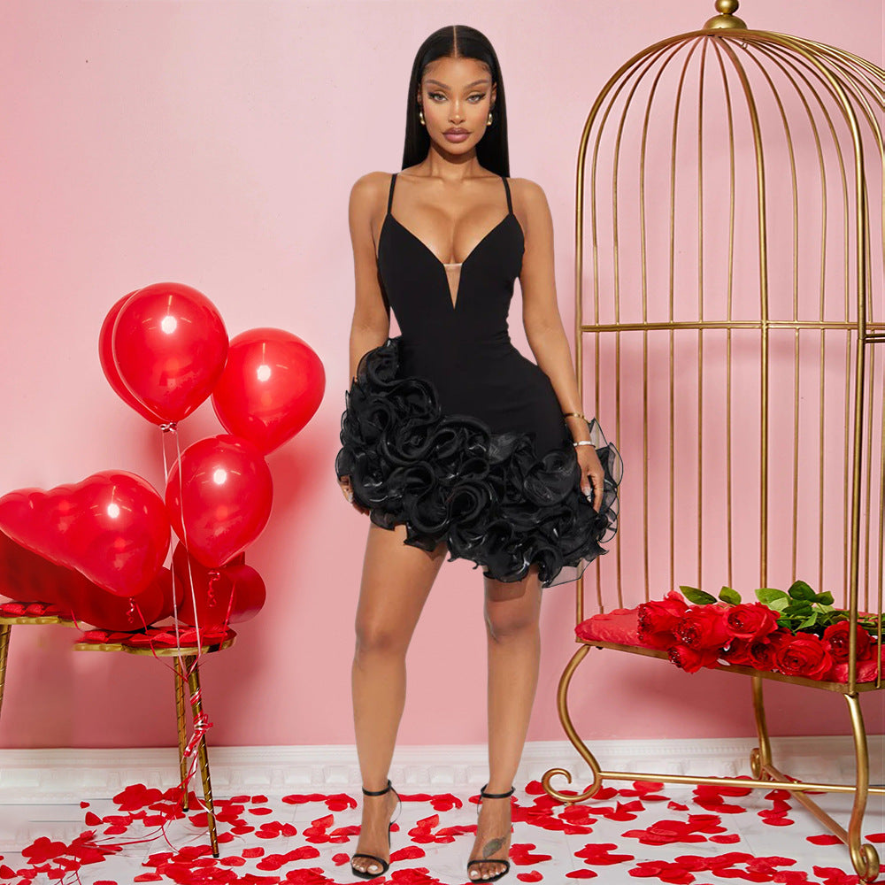 MB1213 Women's Deep V Ruffle Hem Mini Dress