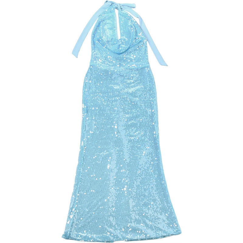 MB1149 Women’s Light Blue Halter Neck Sequin Maxi Dress