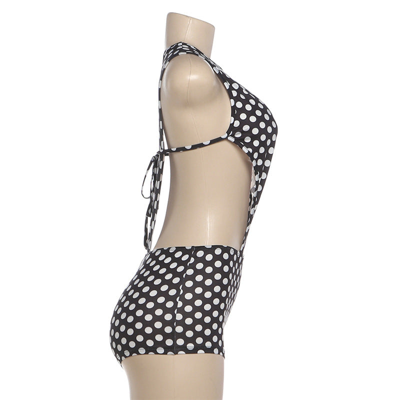 MB1156 Black White Polka Dot Cutout Bodysuit & Shorts 2 Piece Set