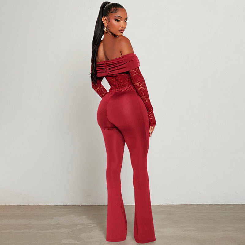 MB1420 Off-the-Shoulder Lace Flared Leg Jumpsuit for Women