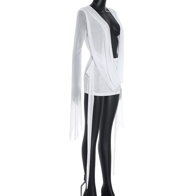 MB1031 Women's Mesh Backless Dress with Draped Neckline