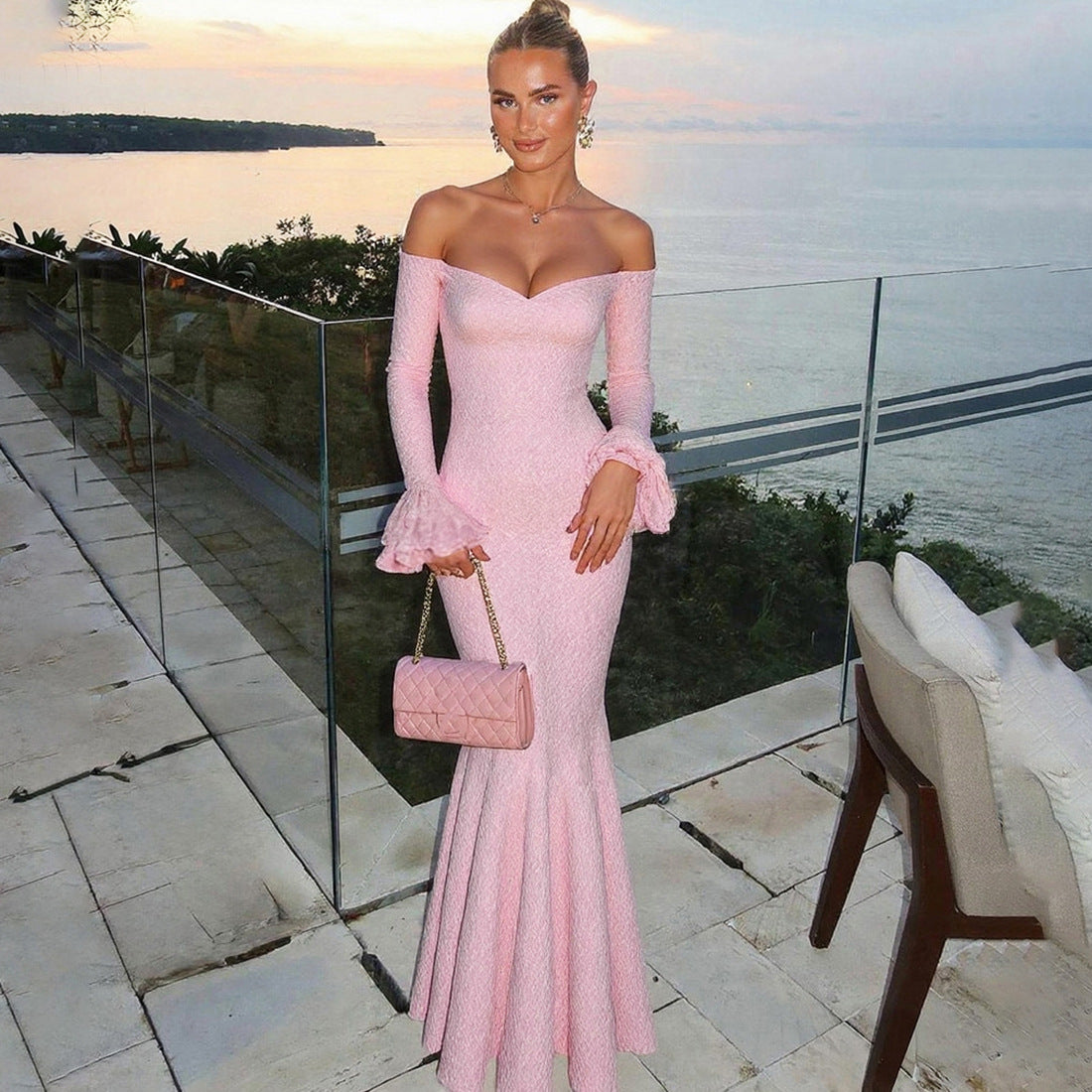 MB1135 Off-the-Shoulder Lace Mermaid Maxi Dress