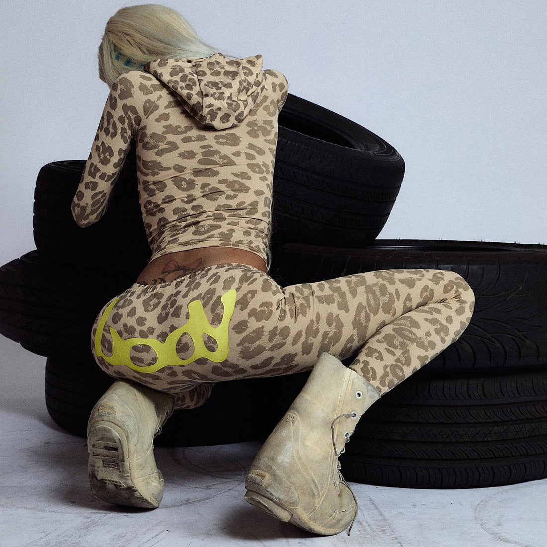 MB1802 Women's Leopard Print Hooded Top & Slim-Fit Pants Two-Piece Set