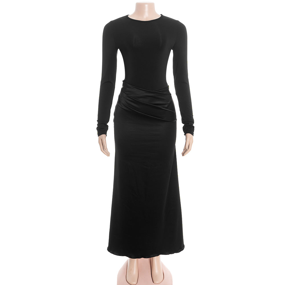 MB1314 Long Sleeve Round Neck Ruched Maxi Dress for Women