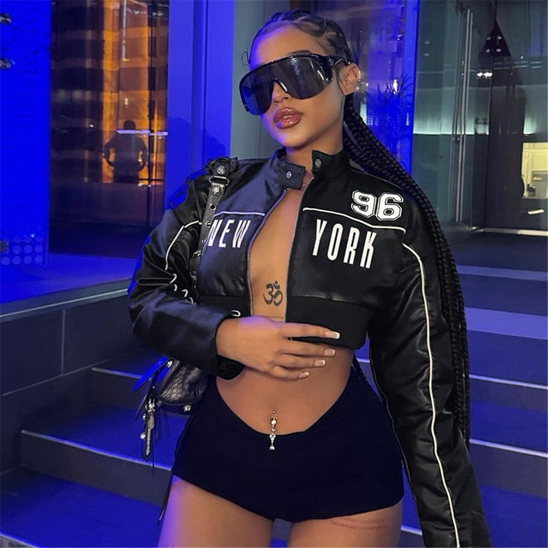 MB1106 Black Cropped PU Leather Bomber Jacket