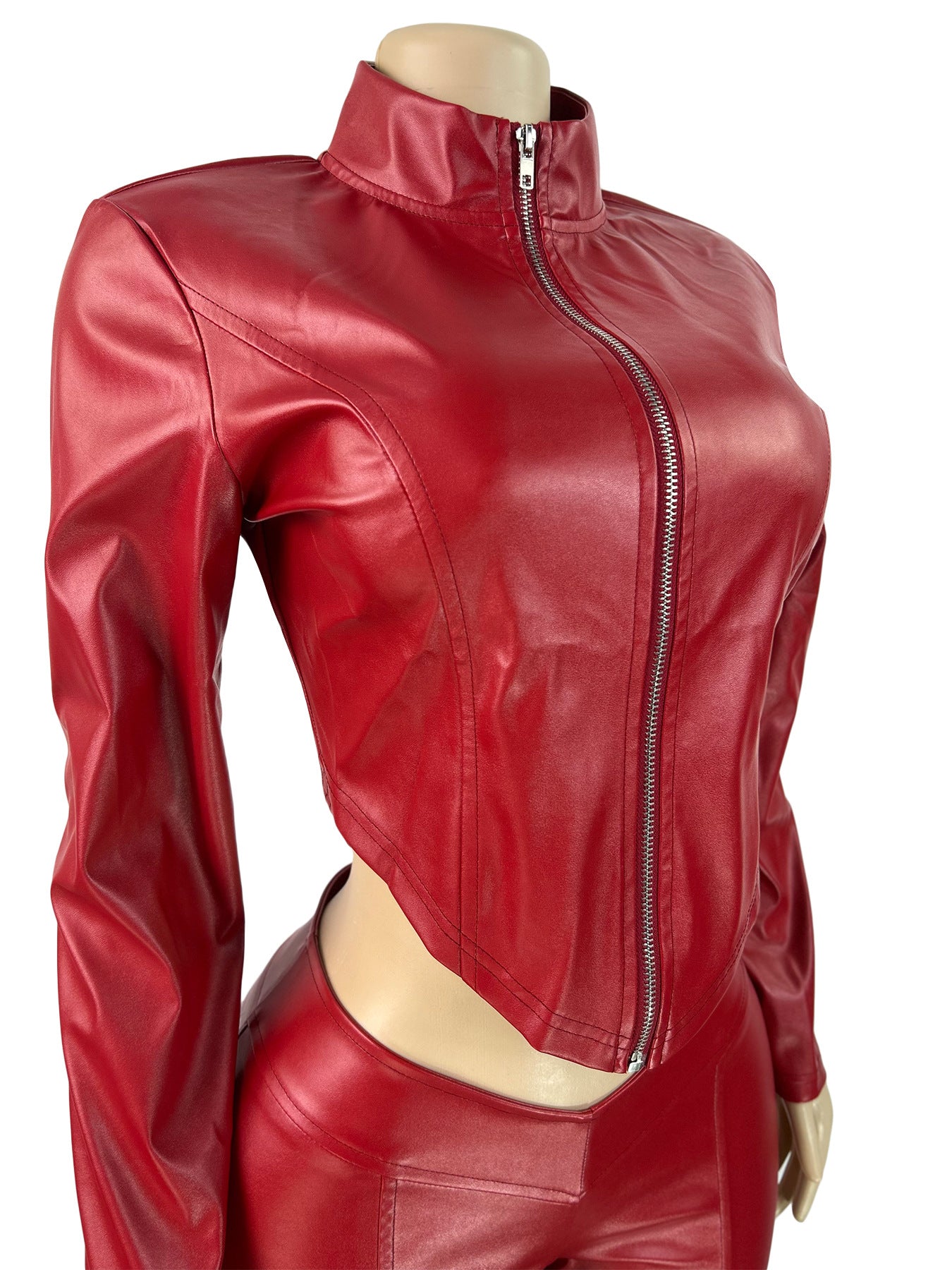 MB1704 Stretchy Leather Cropped Jacket & Flared Pants Two-Piece Set for Women