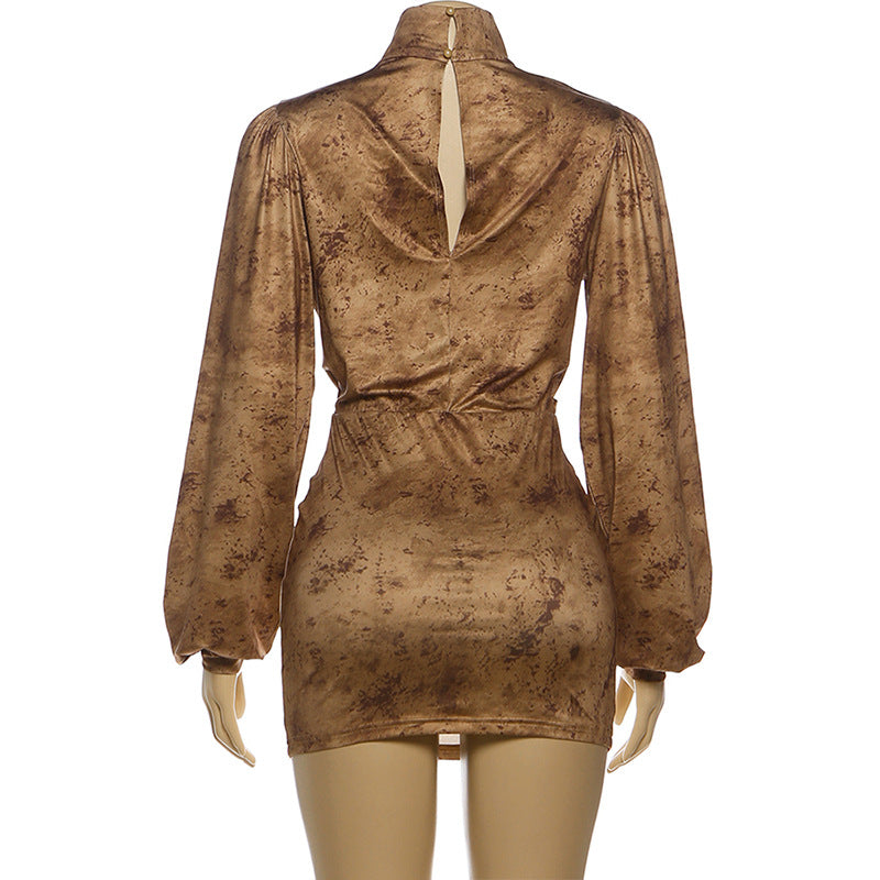 MB1510 Bronze Print Turtleneck Deep V Mini Dress