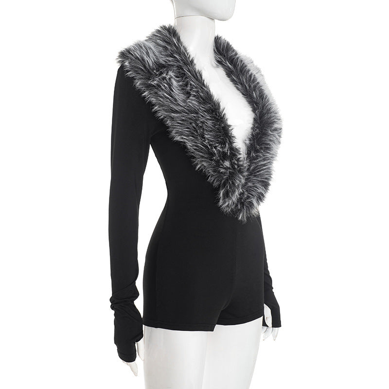 MB10131 Women's Black Faux Fur Collar Long Sleeve Bodycon Romper