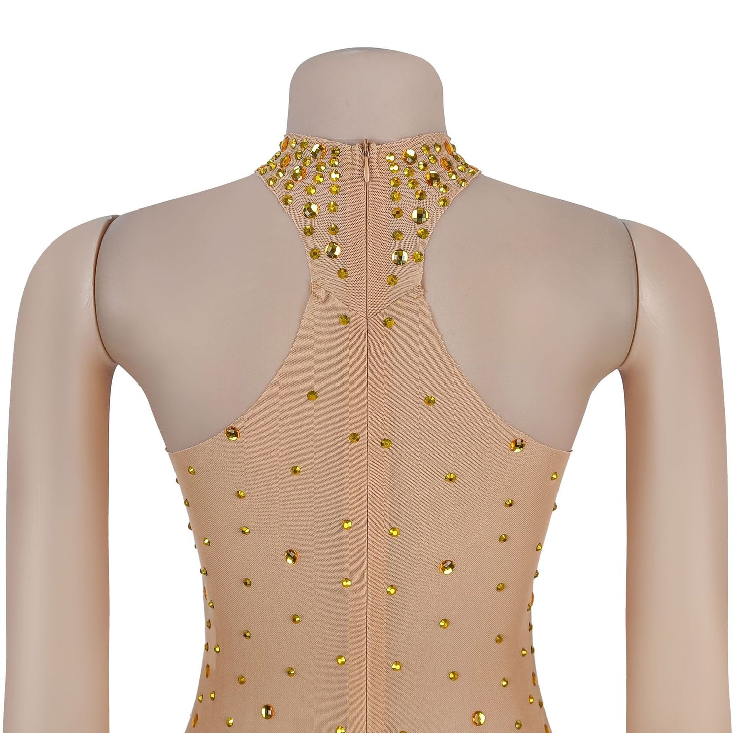 MB1623 Women's Sheer Mesh Gold Rhinestone Gown