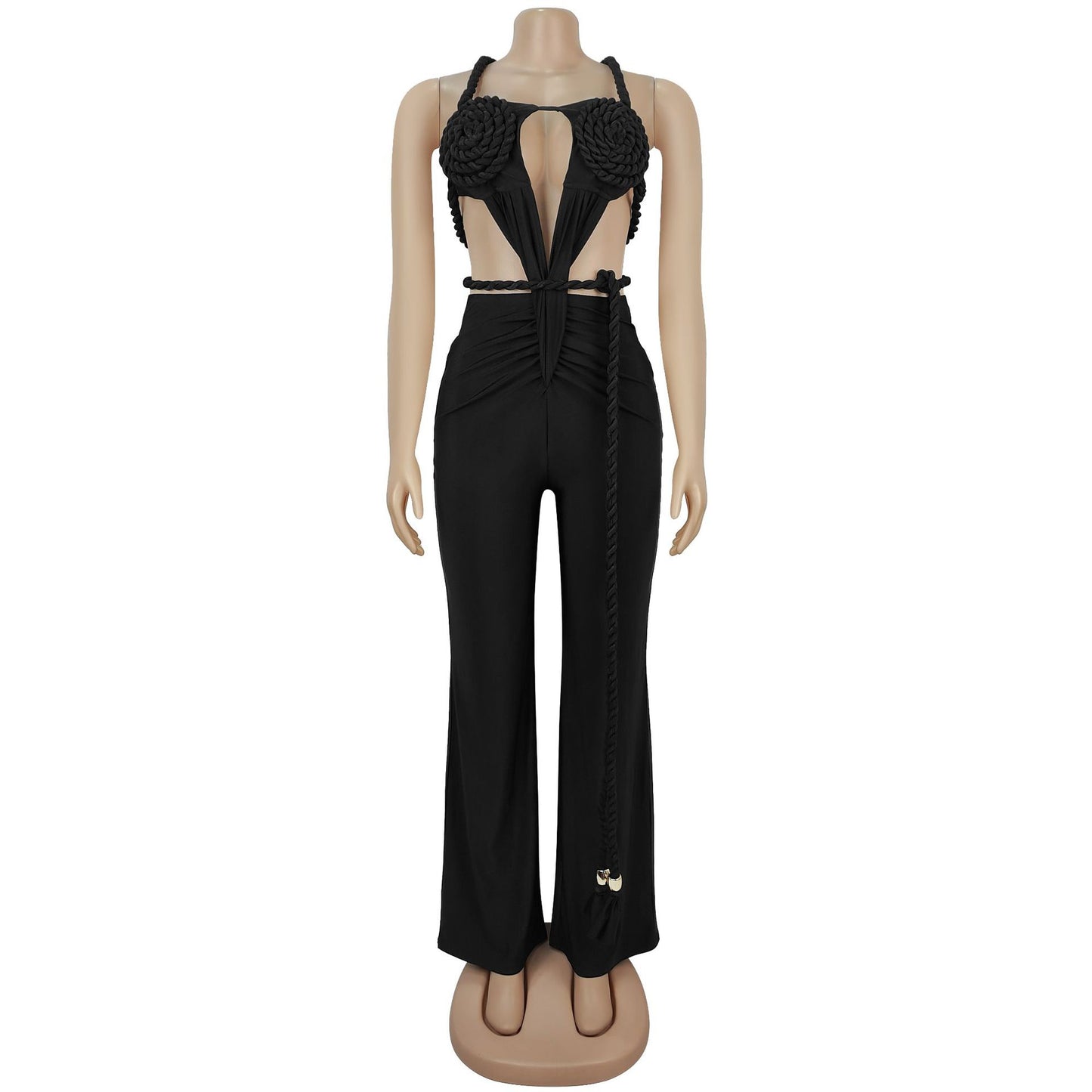 MB1621 Halter Neck Cutout 3D Flower Applique Wide Leg Jumpsuit