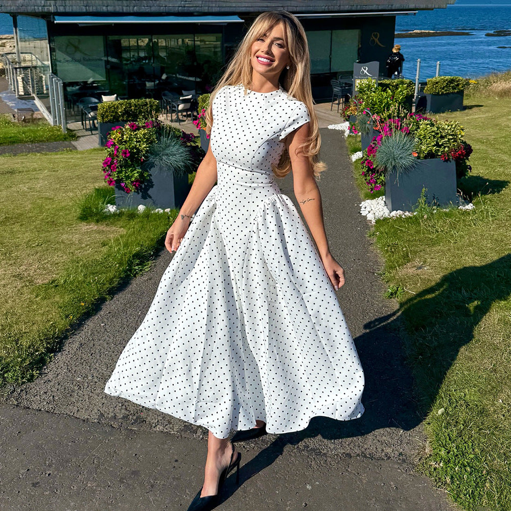 MB1323 White Black Polka Dot Cap Sleeve A-Line Midi Dress