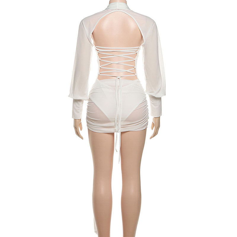 MB1111 White Sheer Mesh Lace-Up Back Mini Dress