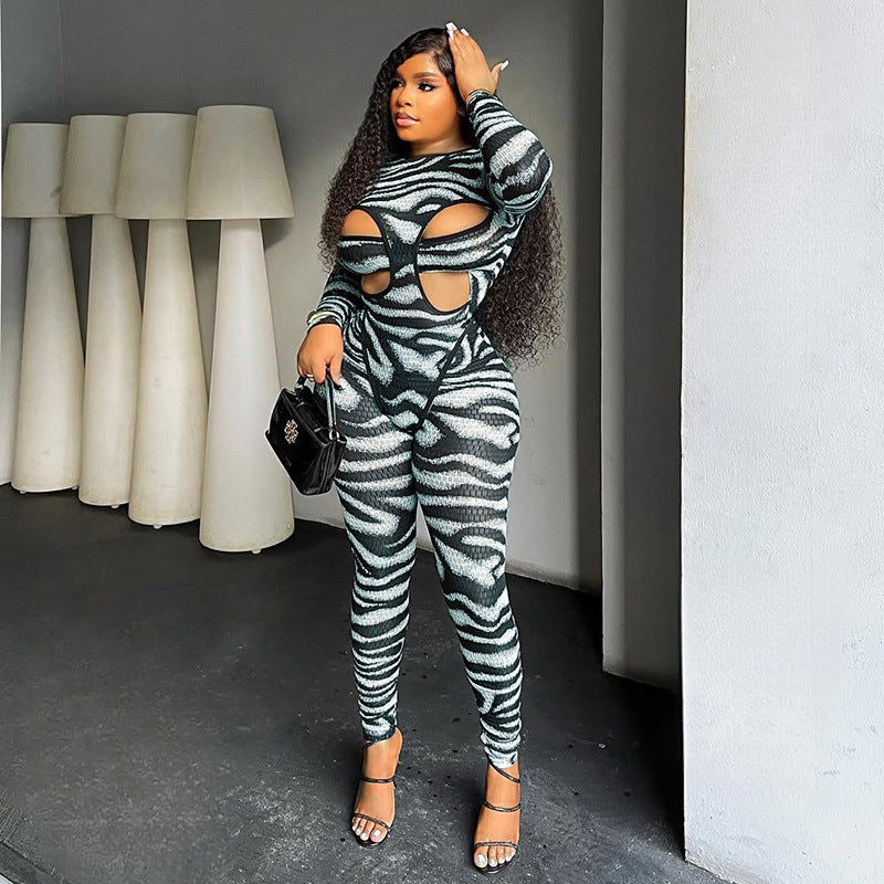 MB1054 Zebra Print Cutout Bodysuit & Pants Women's Two-Piece Set