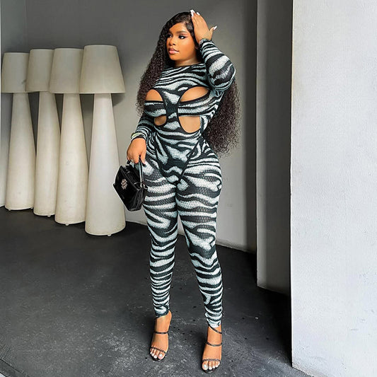 MB1054 Zebra Print Cutout Bodysuit & Pants Women's Two-Piece Set