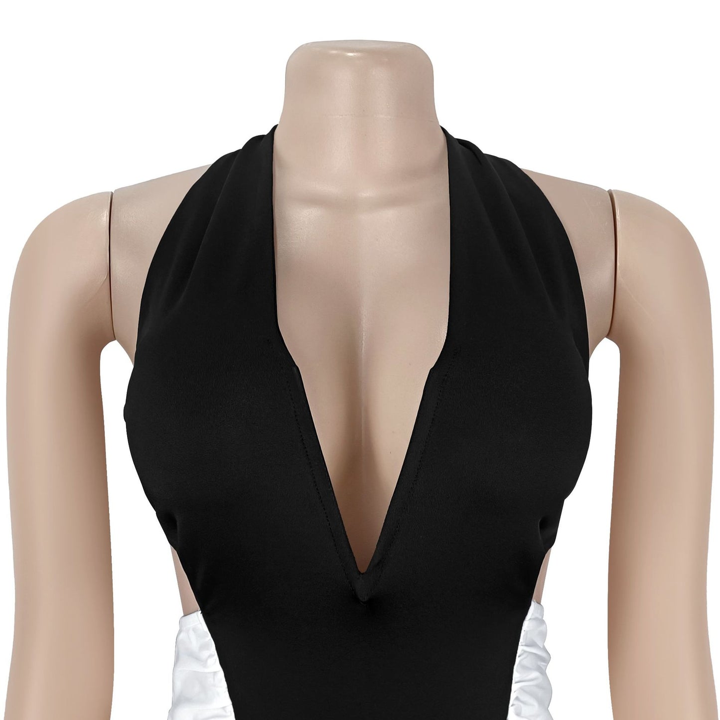 MB1601 Black & White Halter Plunging V Maxi Dress