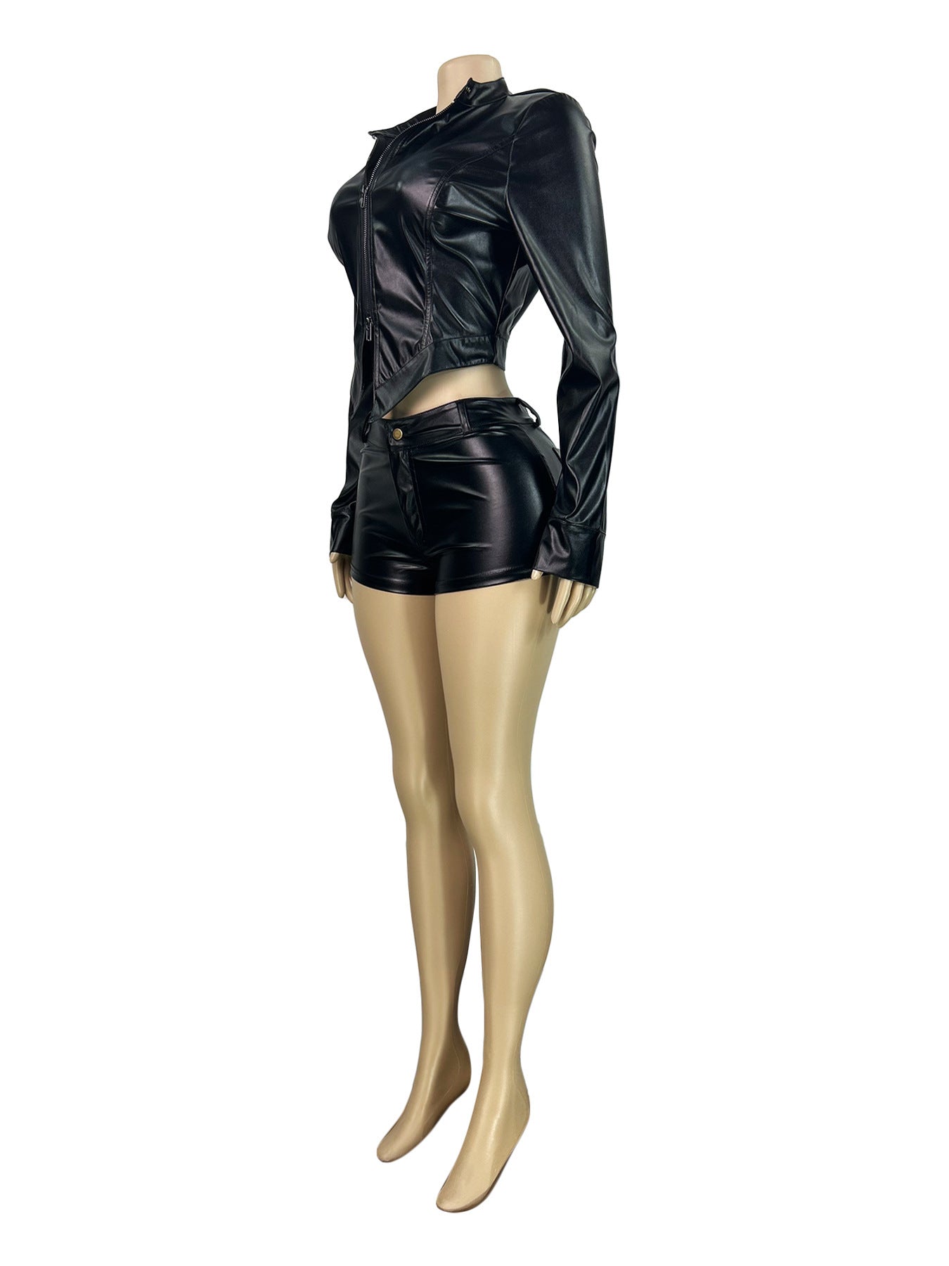 MB1702 Leather Stand Collar Biker Two-Piece Set