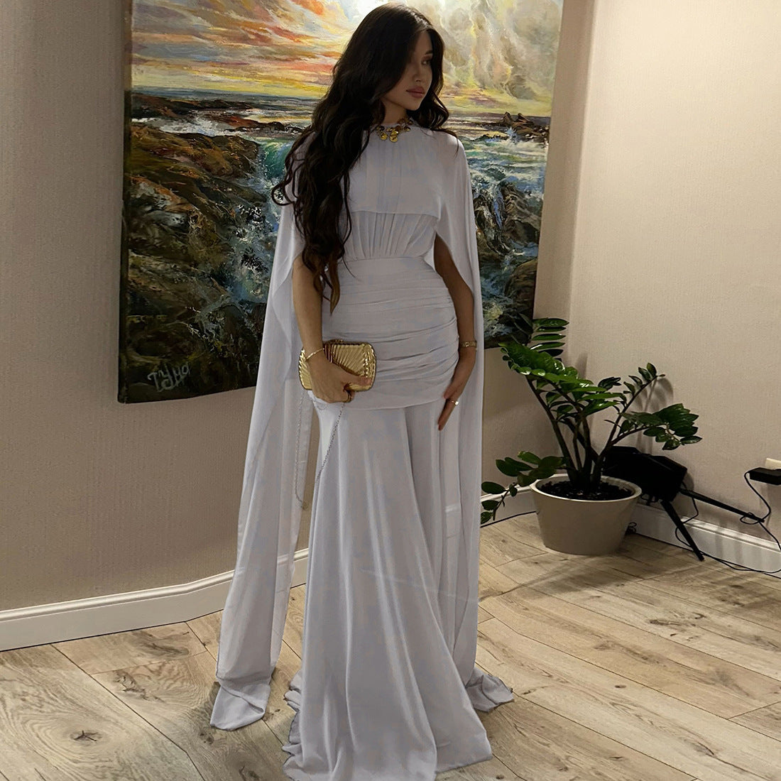 MB1121 Cape Back Ruched Maxi Dress