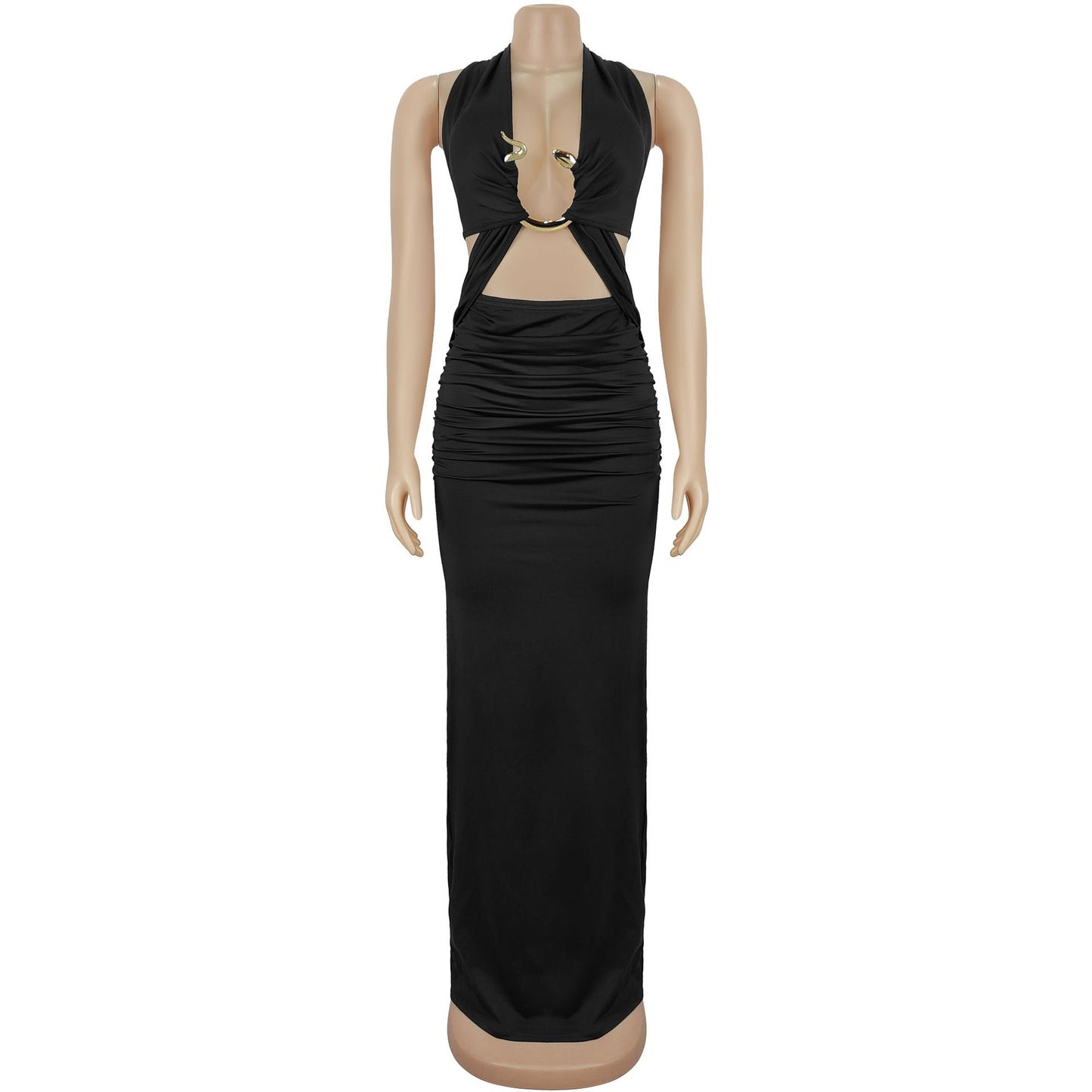 MB1620 Halter Neck Gold Ring Cutout Bodycon Maxi Dress