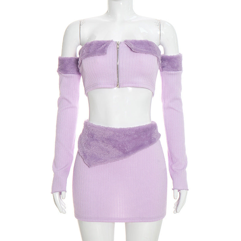 MB10199 Fuzzy‑Trim 2‑Piece Skirt Set Long‑Sleeve Zipper Crop Top + Bodycon Mini Skirt