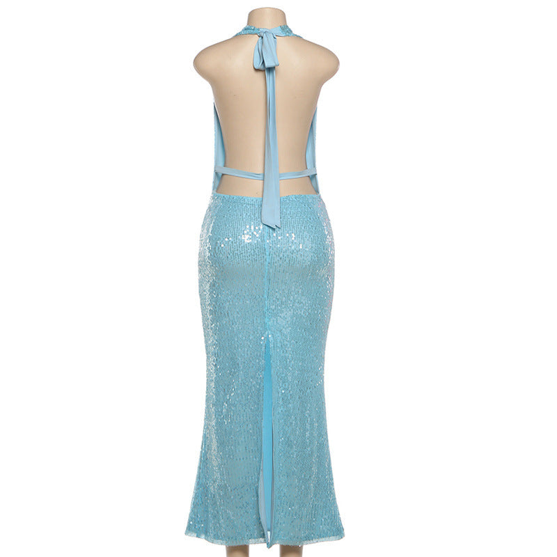MB1149 Women’s Light Blue Halter Neck Sequin Maxi Dress