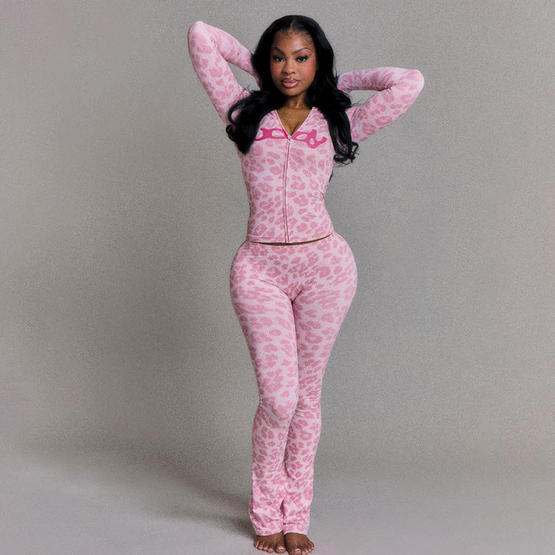 MB1802 Women's Leopard Print Hooded Top & Slim-Fit Pants Two-Piece Set