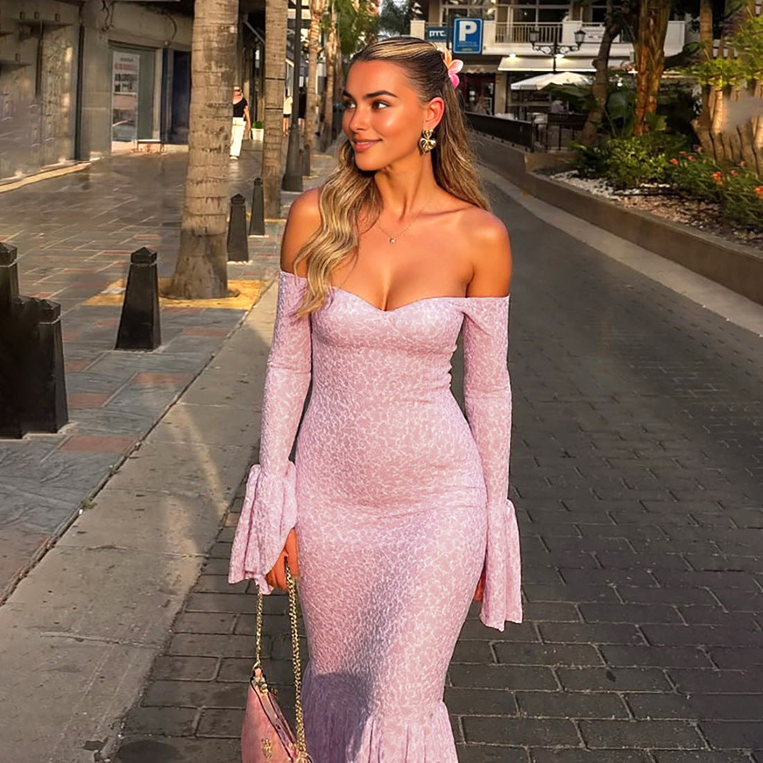 MB1135 Off-the-Shoulder Lace Mermaid Maxi Dress