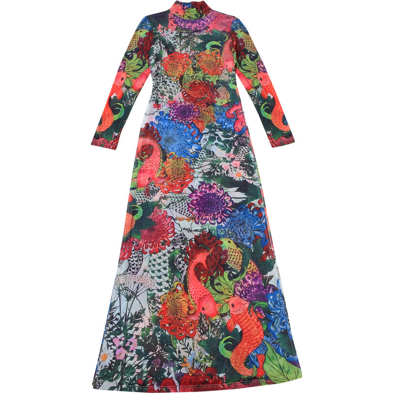 MB1838 Sexy High Neck Long Sleeve Sheer Maxi Dress with Tropical Floral & Koi Fish Print