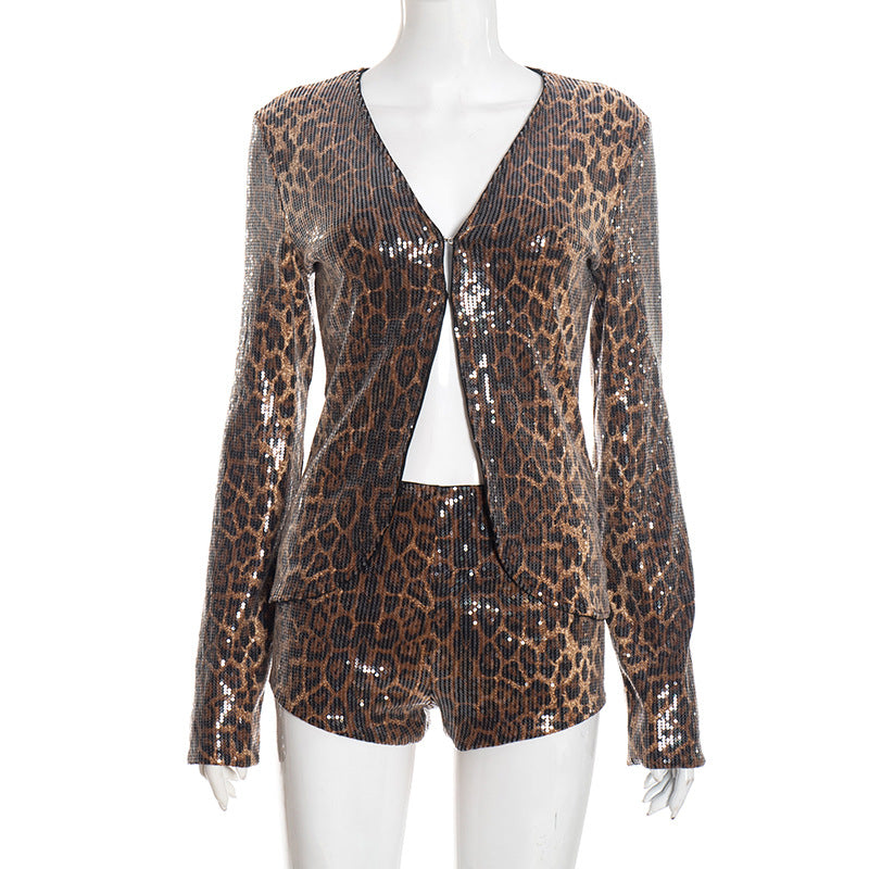MB10123 Leopard Sequin Two Piece Set - Long Sleeve Blazer & High Waist Shorts