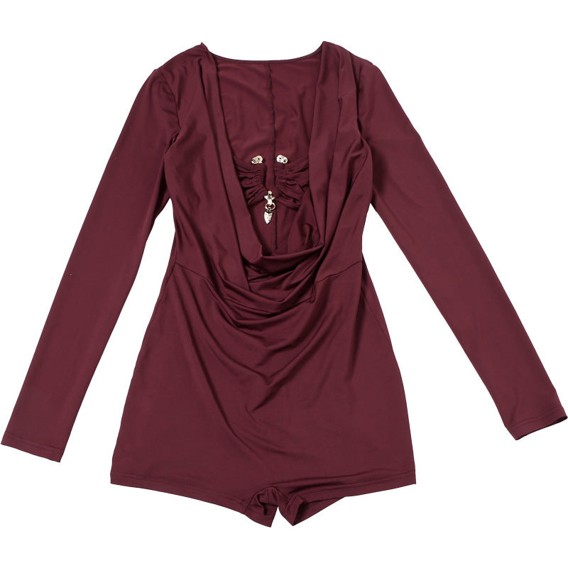 MB1501 Deep V Ruched Long Sleeve Romper