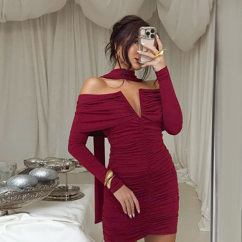 MB1410 Off-The-Shoulder Deep V Ruched Bodycon Mini Dress