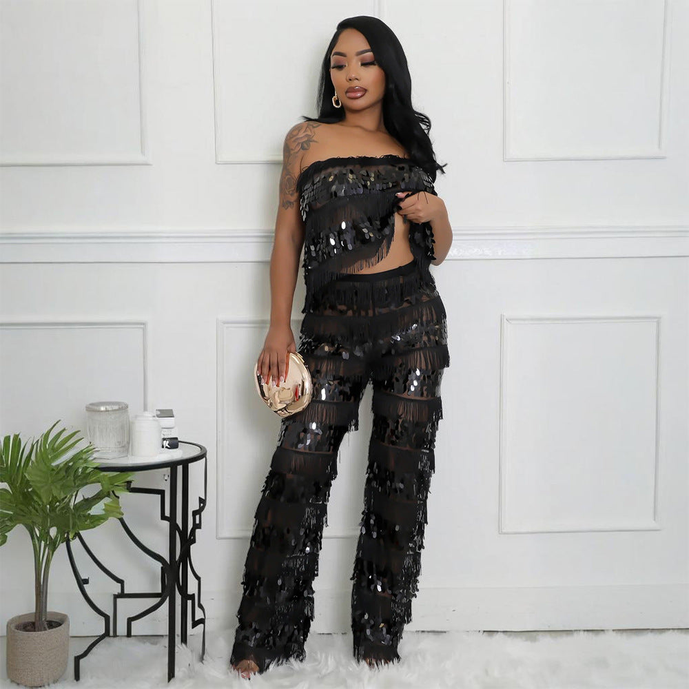 MB1222 Sequin Fringe Top & Wide Leg Pants Two Piece Set