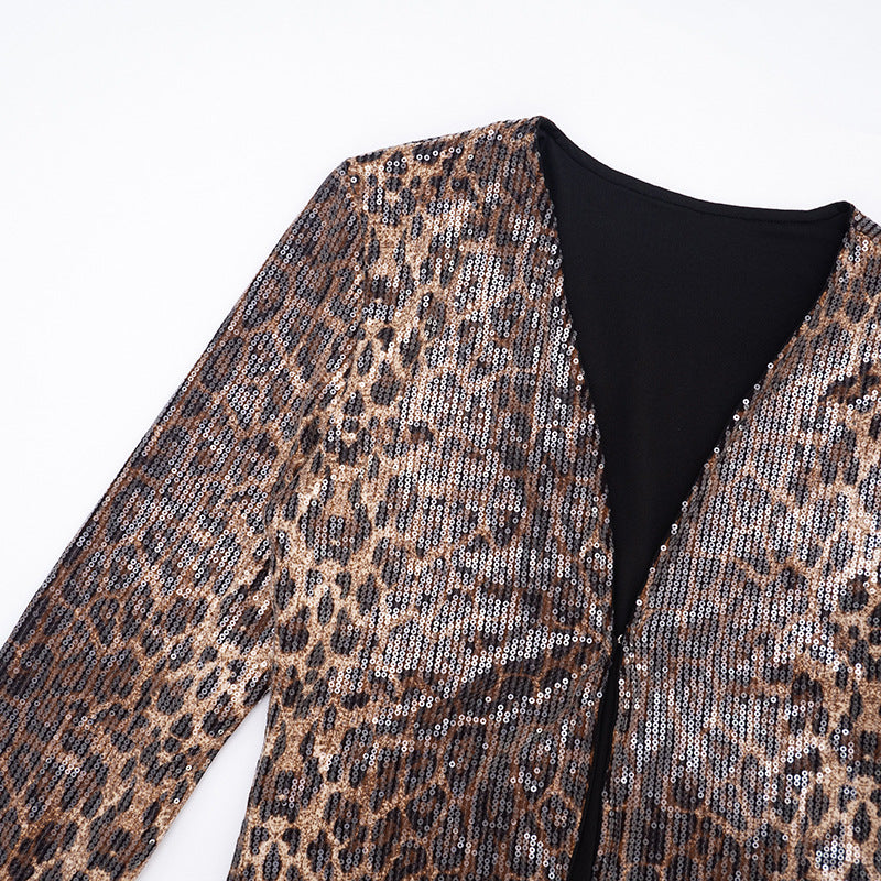 MB10123 Leopard Sequin Two Piece Set - Long Sleeve Blazer & High Waist Shorts