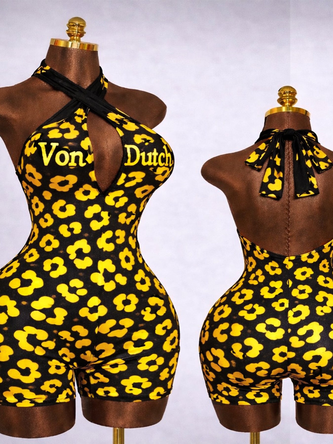 MB1729 Leopard Print Halter Neck Romper – Sexy Cutout Backless Bodycon Short Jumpsuit