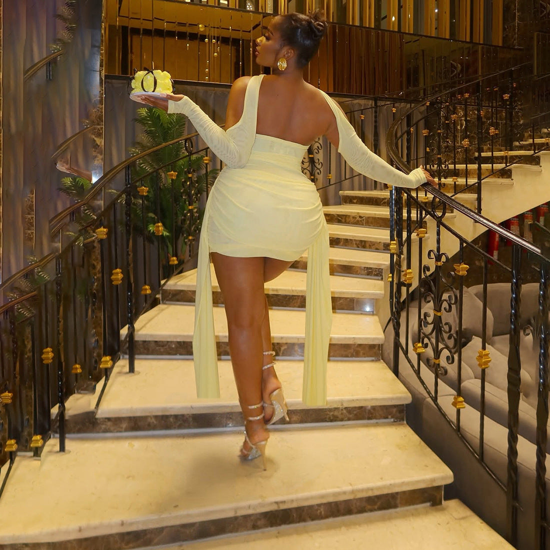 MB1808 Women's Ruched Tulle Sleeve Mini Dress