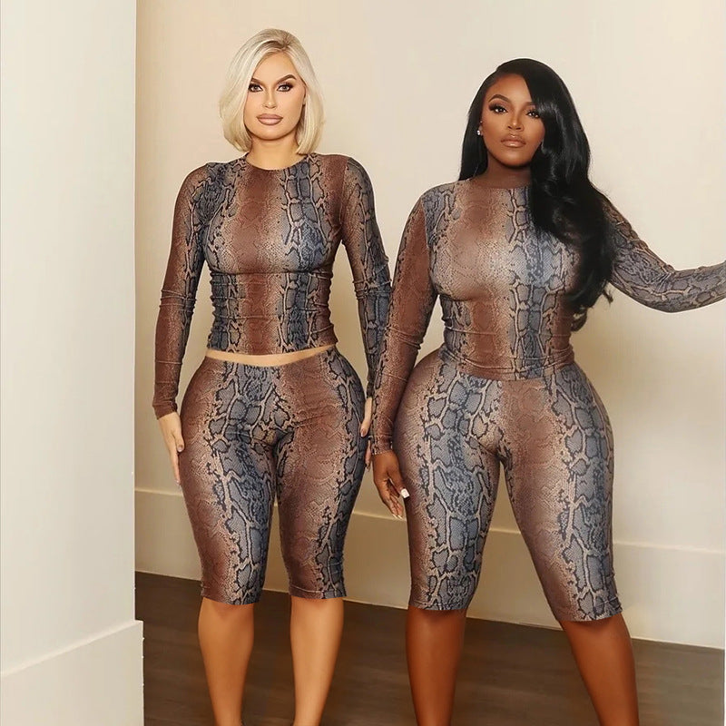 MB10144 Women’s Snake Print Crop Top & Biker Shorts 2-Piece Set