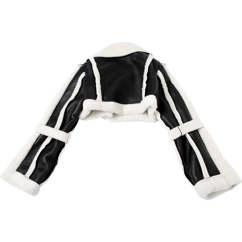 MB1133 PU Leather Shearling Collar Cropped Jacket