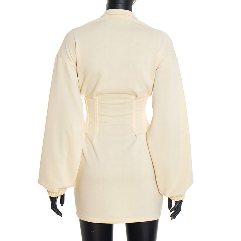 MB10107 Long Sleeve Stand Collar Waist-Cinched Hoodie Dress