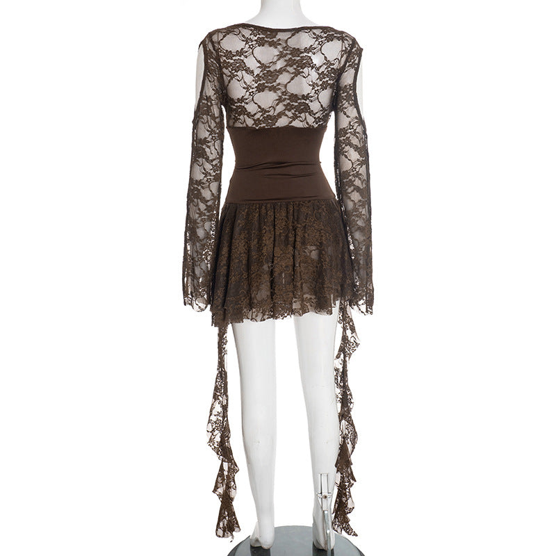 MB1415 Brown Lace Long Sleeve Mini Dress for Women