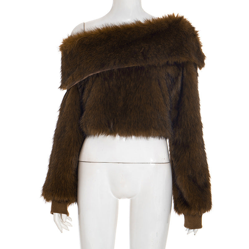 MB10113 Brown Faux Fur Off-The-Shoulder Cropped Top