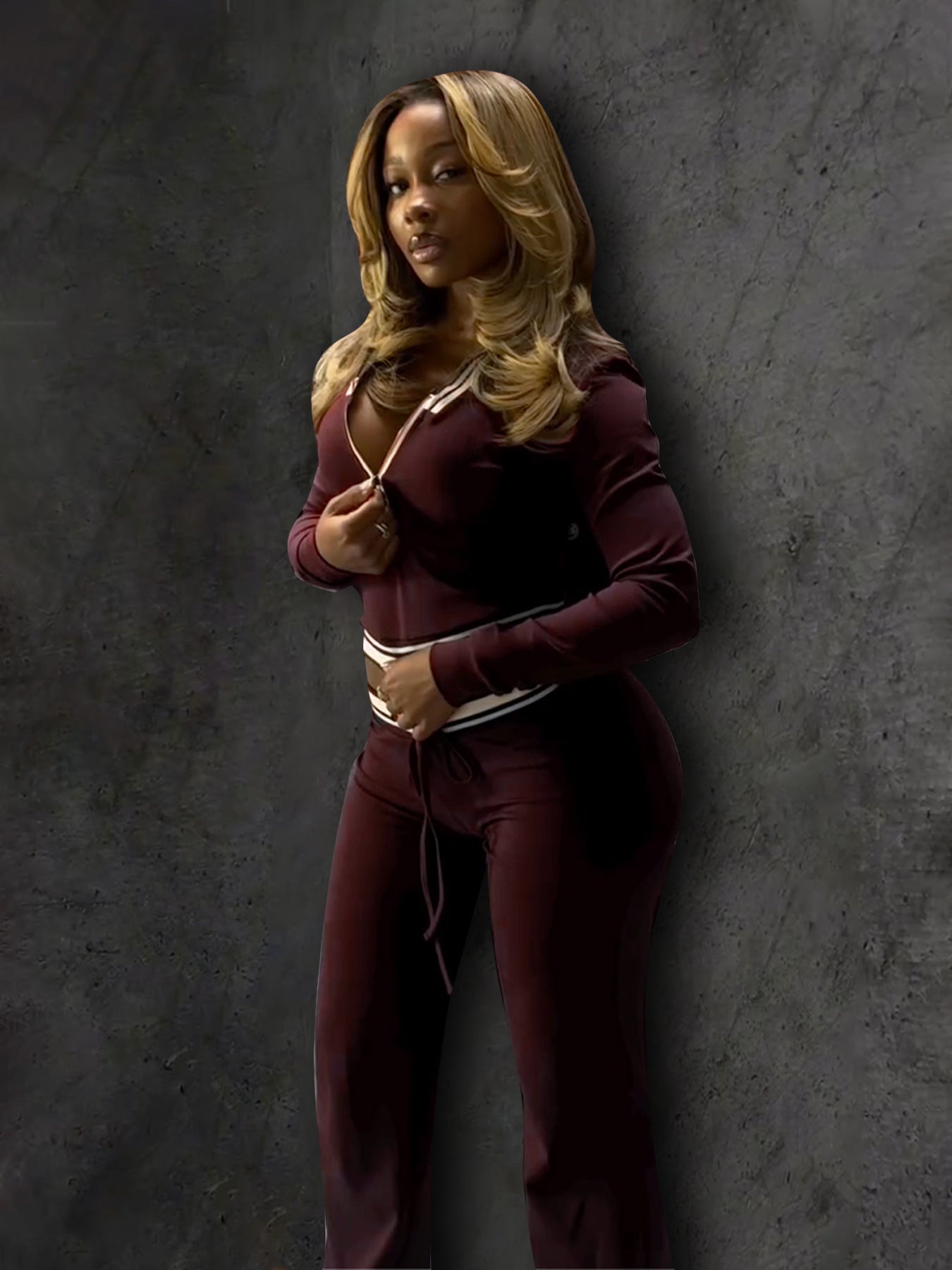 MB1713 Women's Half-Zip Crop Top & Drawstring Wide-Leg Pants Two-Piece Set