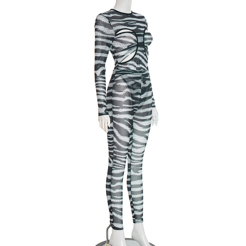 MB1054 Zebra Print Cutout Bodysuit & Pants Women's Two-Piece Set