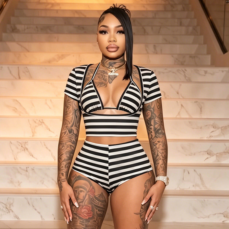 MB10164 Striped 3 Piece Outfit Women | Halter Tie Bralette + Short Sleeve Crop Top + Ruched Drawstring Shorts Matching Set